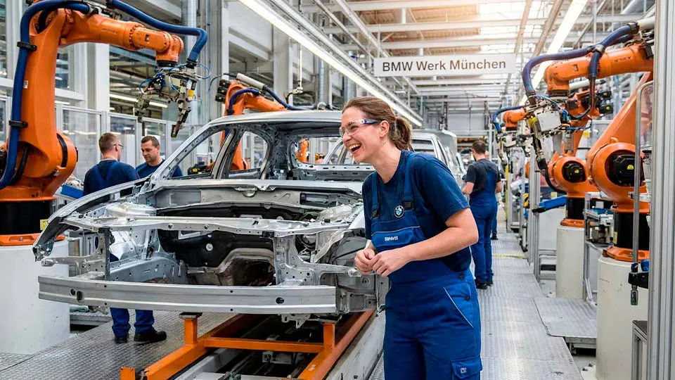 Зайферт Злата сотрудник завода BMW стоит возле конвейера