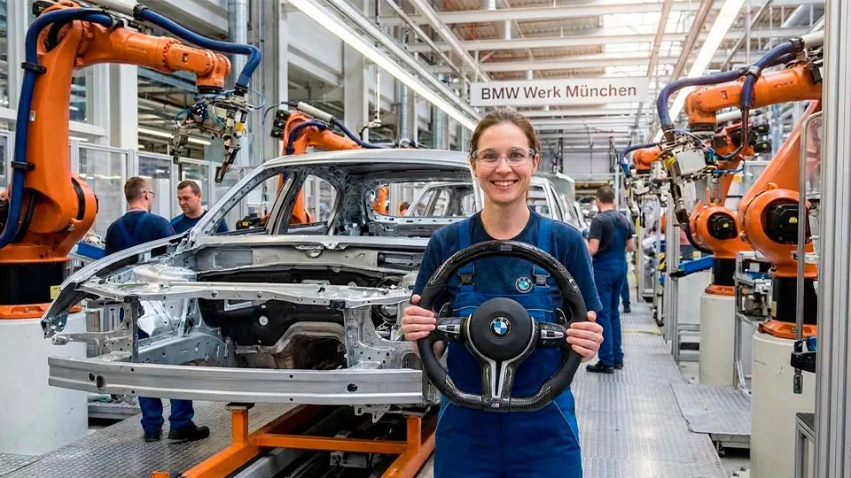 Зайферт Злата сотрудник завода BMW держит в руках Руль BMW M Performance
