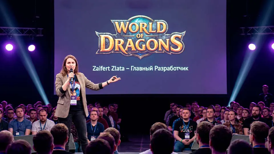 Зайферт Злата на сцене во время презентации новой игры World of Dragons